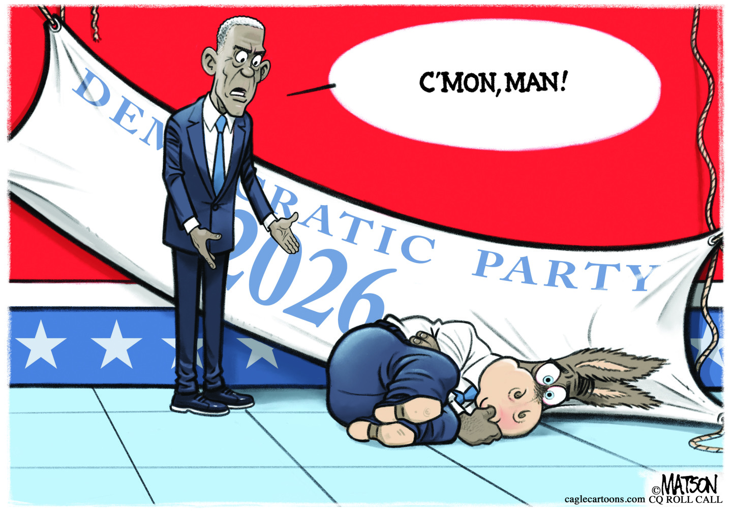 This cartoon depicts a donkey laying on the ground in a fetal position and sucking its thumb. There’s a banner behind the donkey that says “Democratic Party 2026” that looks limp and has partially fallen off the wall. Barack Obama stands next to the donkey with a pleading look on his face and says, “C’mon, man!”