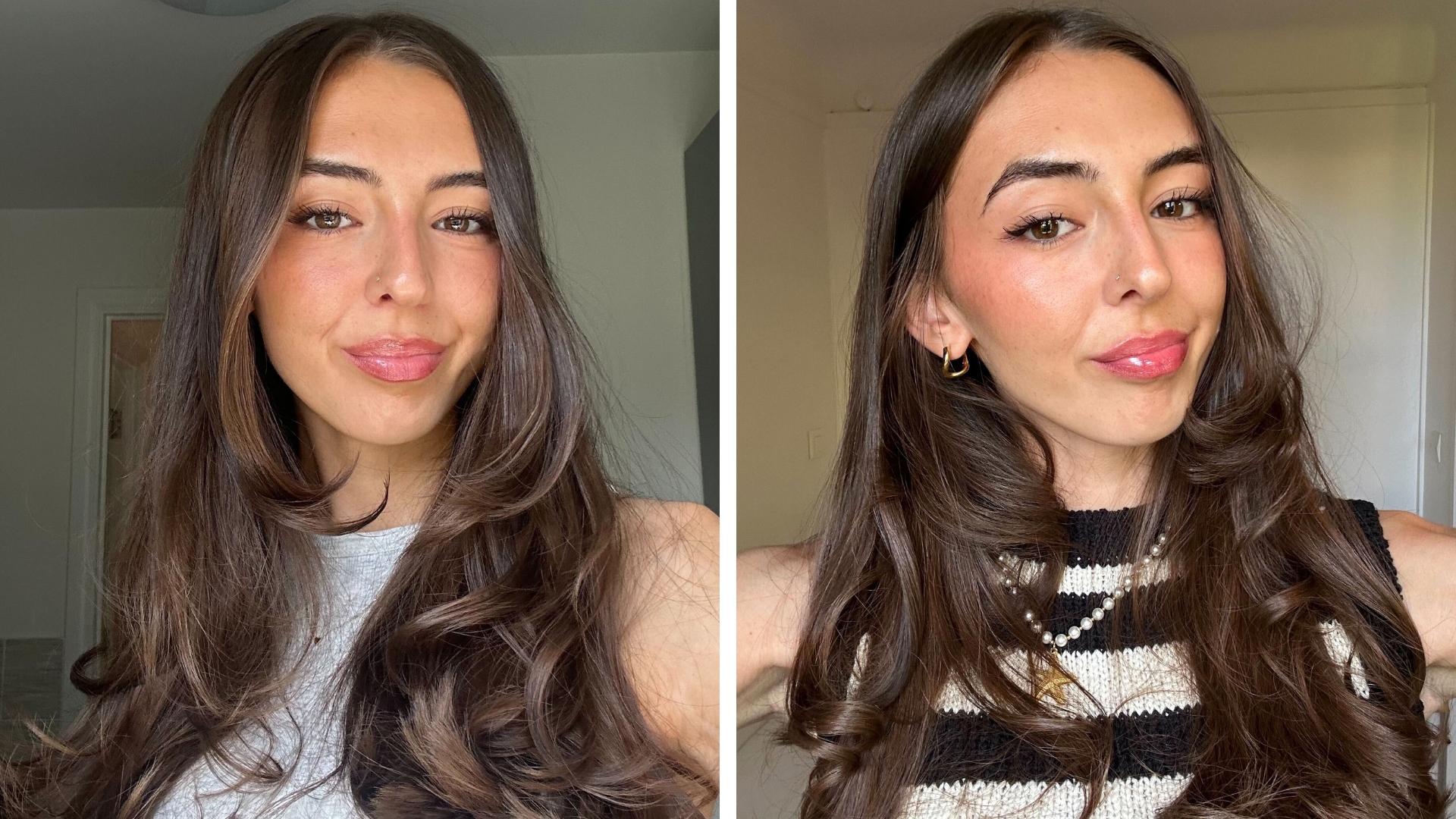 Collage of photos showing Sennen&#039;s faux blow dry brunette hair