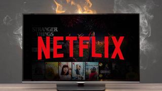 A TV with the netflix logo and show art is on fire