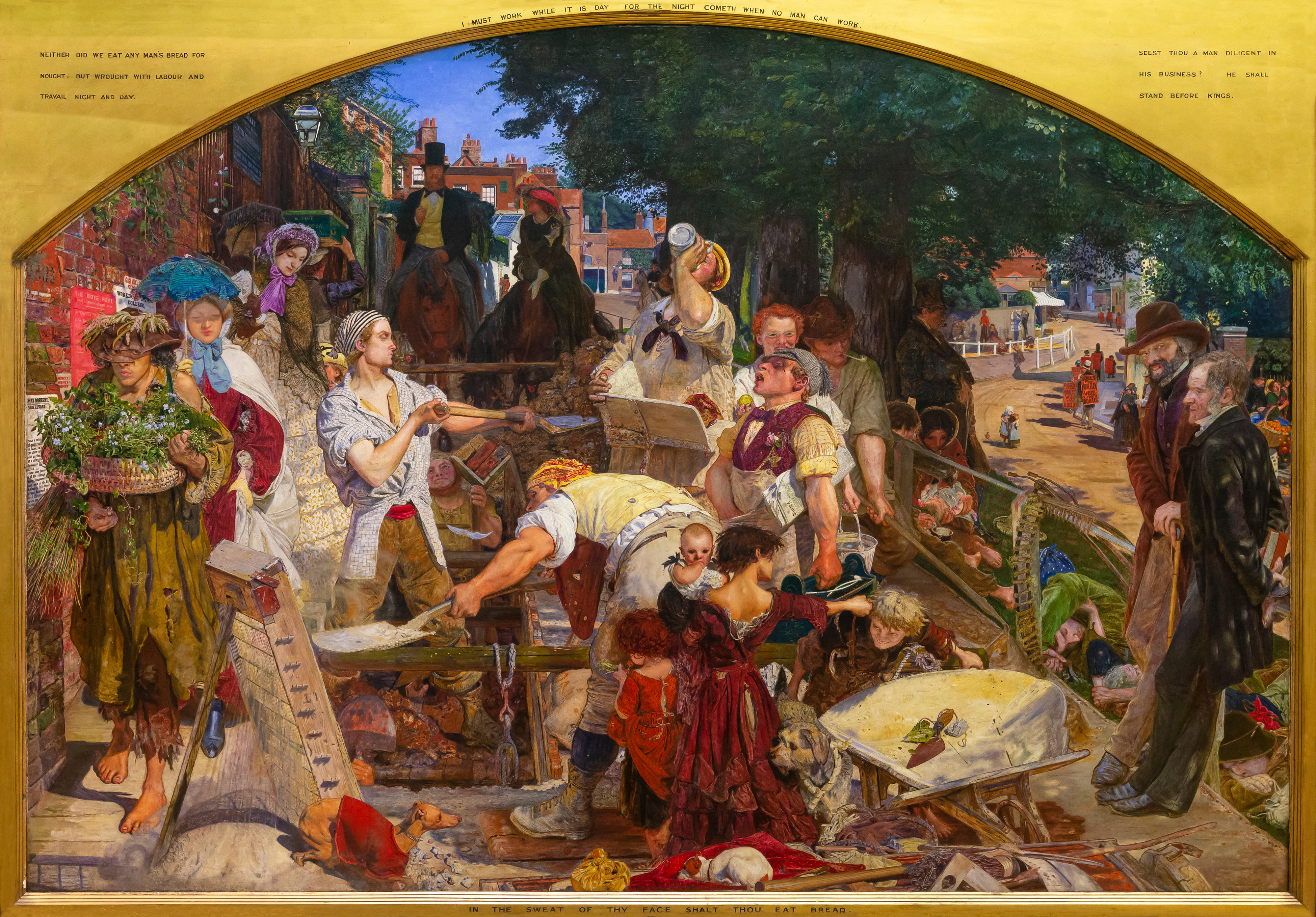 Work, Ford Madox Brown, 1852-1865. A scene of chaos and complexity, centred on a strong young navvy.