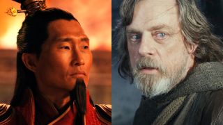 From left to right: a press image of Daniel Dae Kim as Fire Lord Ozai and a screenshot of Mark Hamill as Luke Skywalker in Star Wars: The Last Jedi.