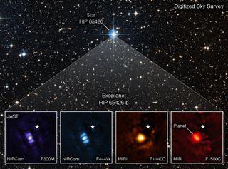 JWST’s first images of an alien world, HIP 65426b, are shown at the bottom of a wider image showing the planet’s host star. The images were taken at different wavelengths of infrared light.