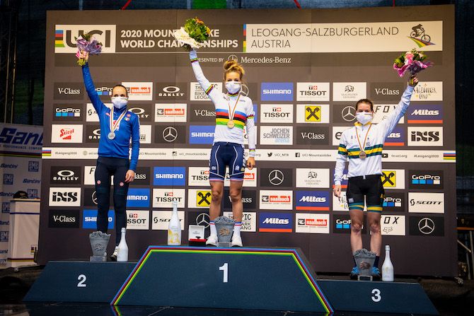 The elite women&rsquo;s podium (l to r): Eva Lechner, Pauline Ferrand Prevot, Rebecca McConnell