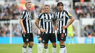 Newcastle vs Aston Villa live stream Newcastle United's Matt Targett (L) , Newcastle United's Kieran Trippier (M) and Newcastle United's Sandro Tonali (R) dwell over a free kick during the Sela Cup match between Newcastle United and ACF Fiorentina at St. James's Park, Newcastle on Saturday 5th August 2023. (Photo by Michael Driver/MI News/NurPhoto via Getty Images)