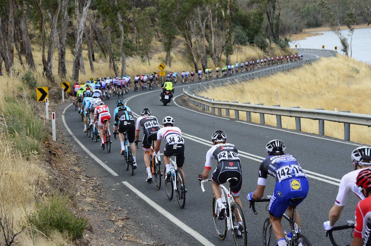 The peloton strung out