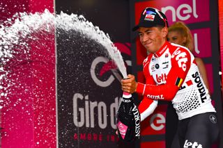 Caleb Ewan (Lotto Soudal) spraying the Prosecco on the podium