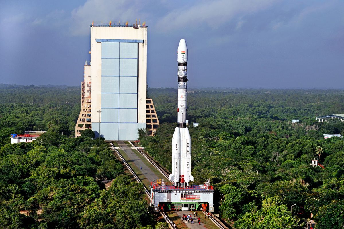 A Geosynchronous Satellite Launch Vehicle rocket preparing for launch in 2015.