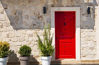 Red door and potted plants at the entrance