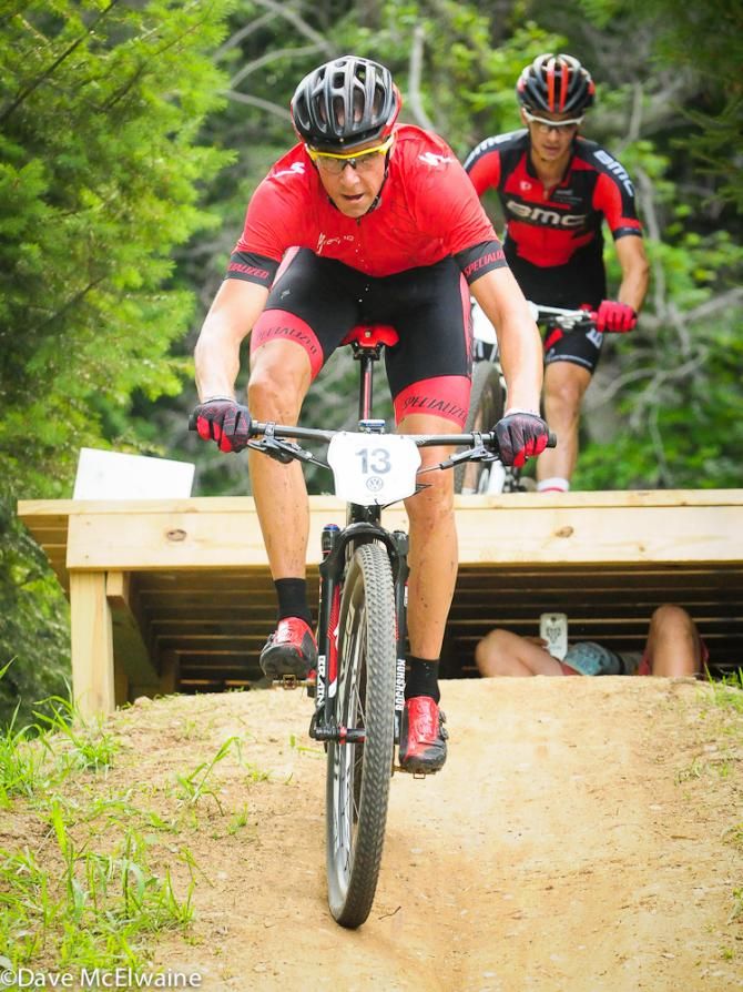 Todd Wells (Specialized) leading Stephen Ettinger near the end of lap one