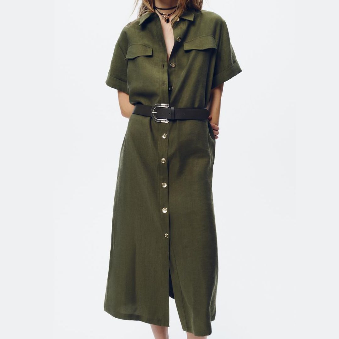 Zara Khaki Belted Midi Dress