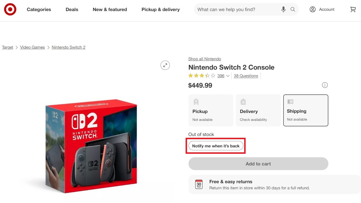 A screenshot of a Nintendo Switch 2 listing page on Target's website with the Notify me when it's back button highlighted in red