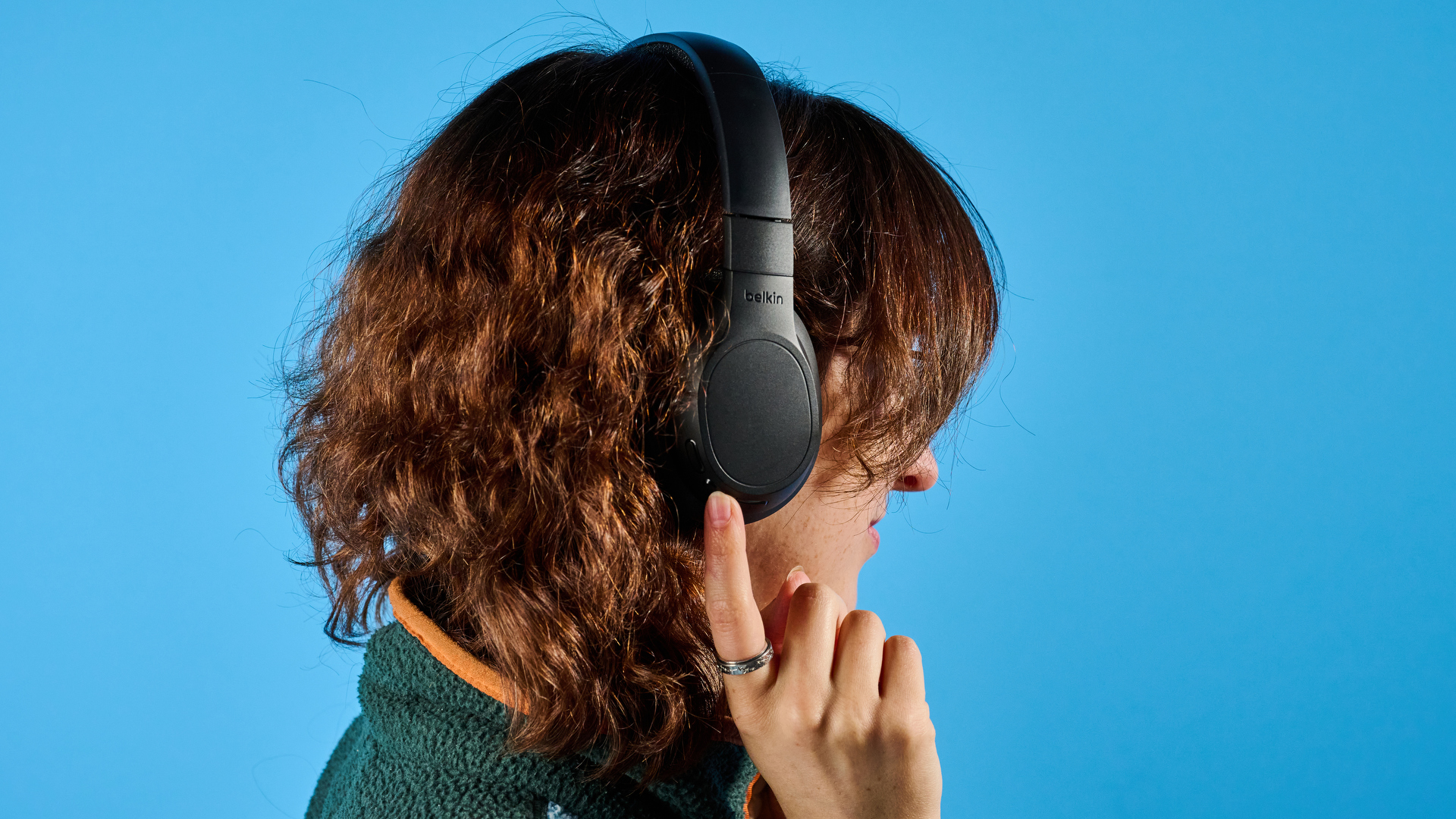 A black Belkin SoundForm Adapt wireless headset