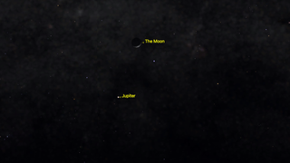 The crescent moon can be seen close to Jupiter in the night sky on April 30.