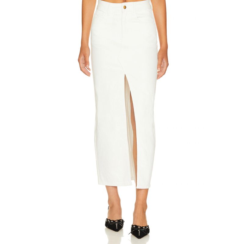White denim skirt on model 
