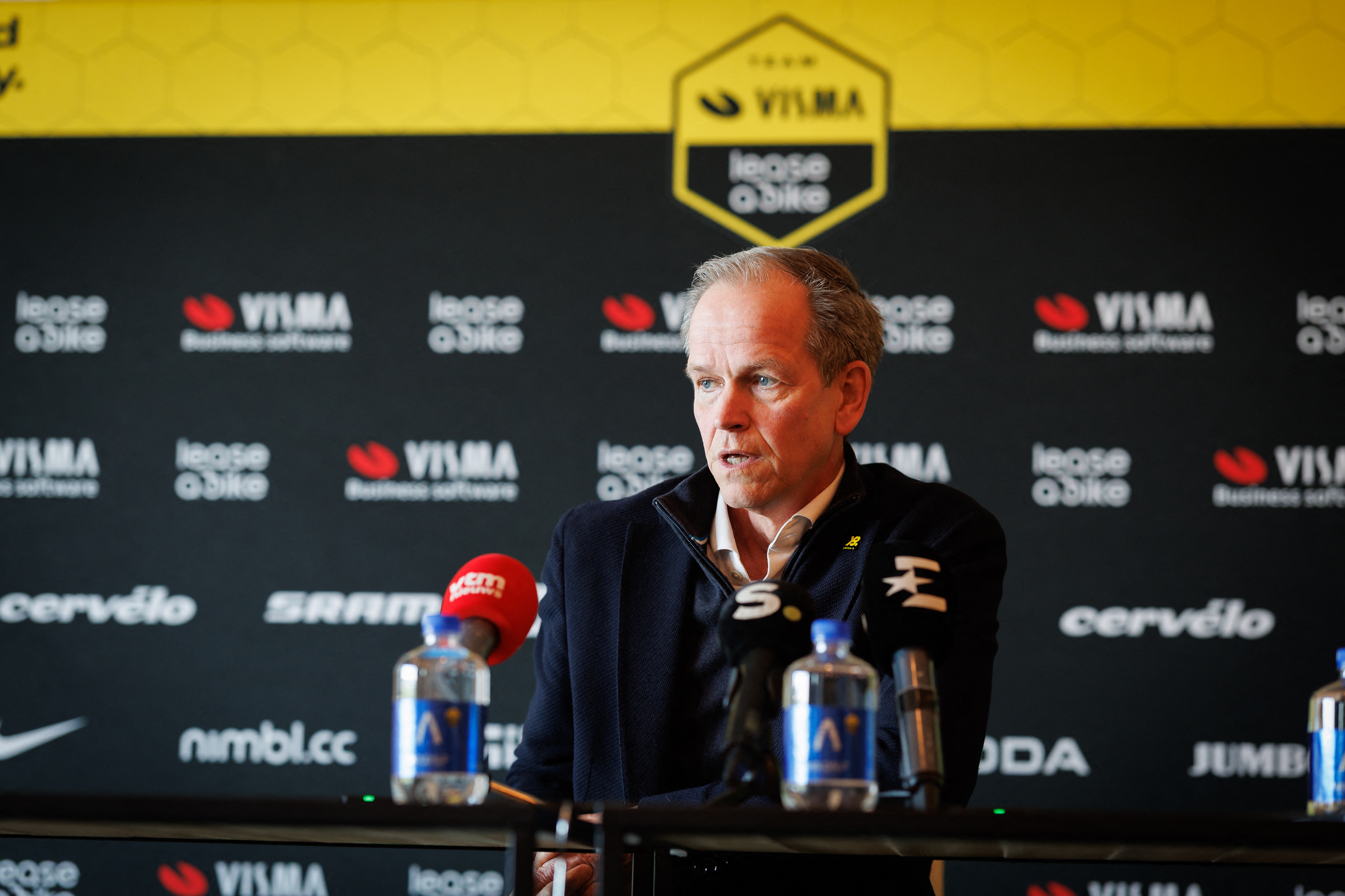 Team Visma-Lease a Bike General Manager Richard Plugge gives a press conference ahead of the Omloop Het Nieuwsblad, the opening race of the Flemish classic one-day races season, in Deerlijk, on February 26, 2026. (Photo by KURT DESPLENTER / Belga / AFP via Getty Images) / Belgium OUT