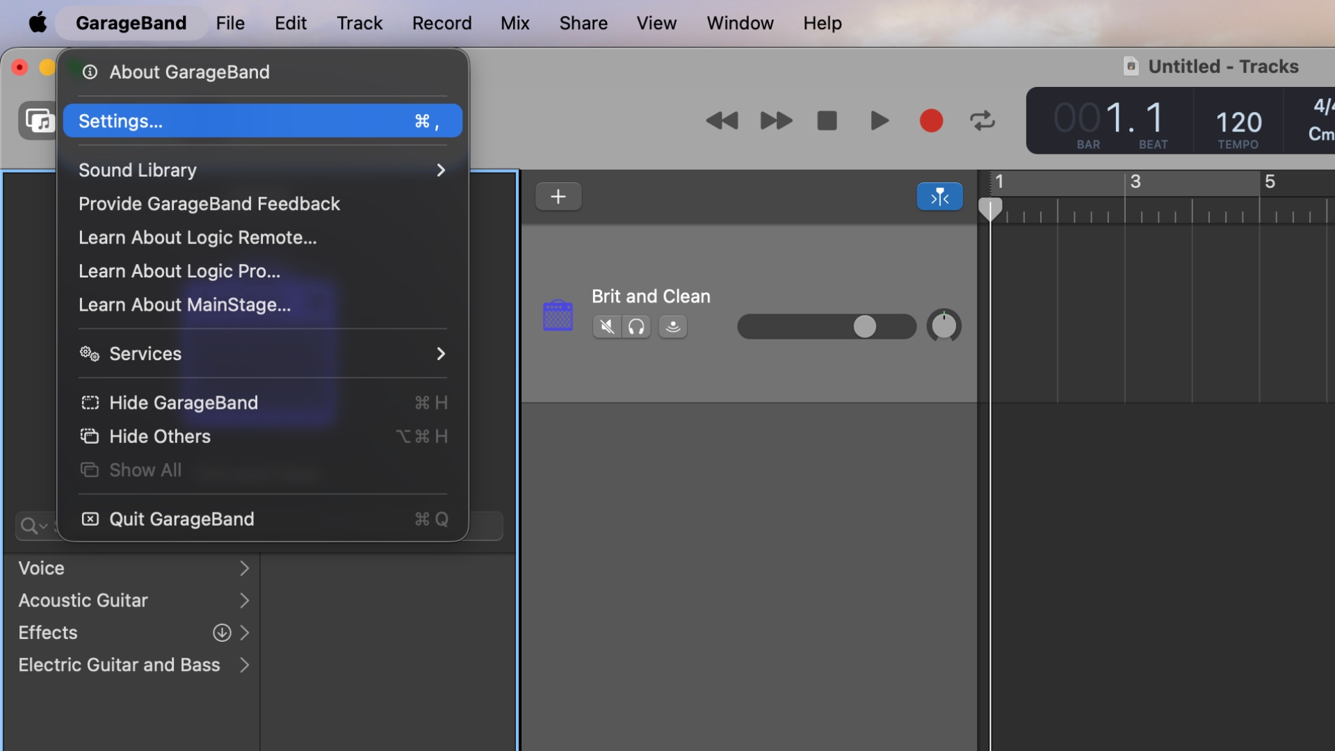 A screenshot of Apple GarageBand showing how to access the settings menu