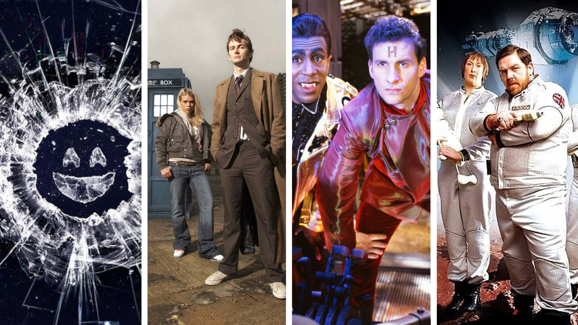 Split image showing four British sci-fi TV shows: Black Mirror, Doctor Who, Red Dwarf, and Hyperdrive.