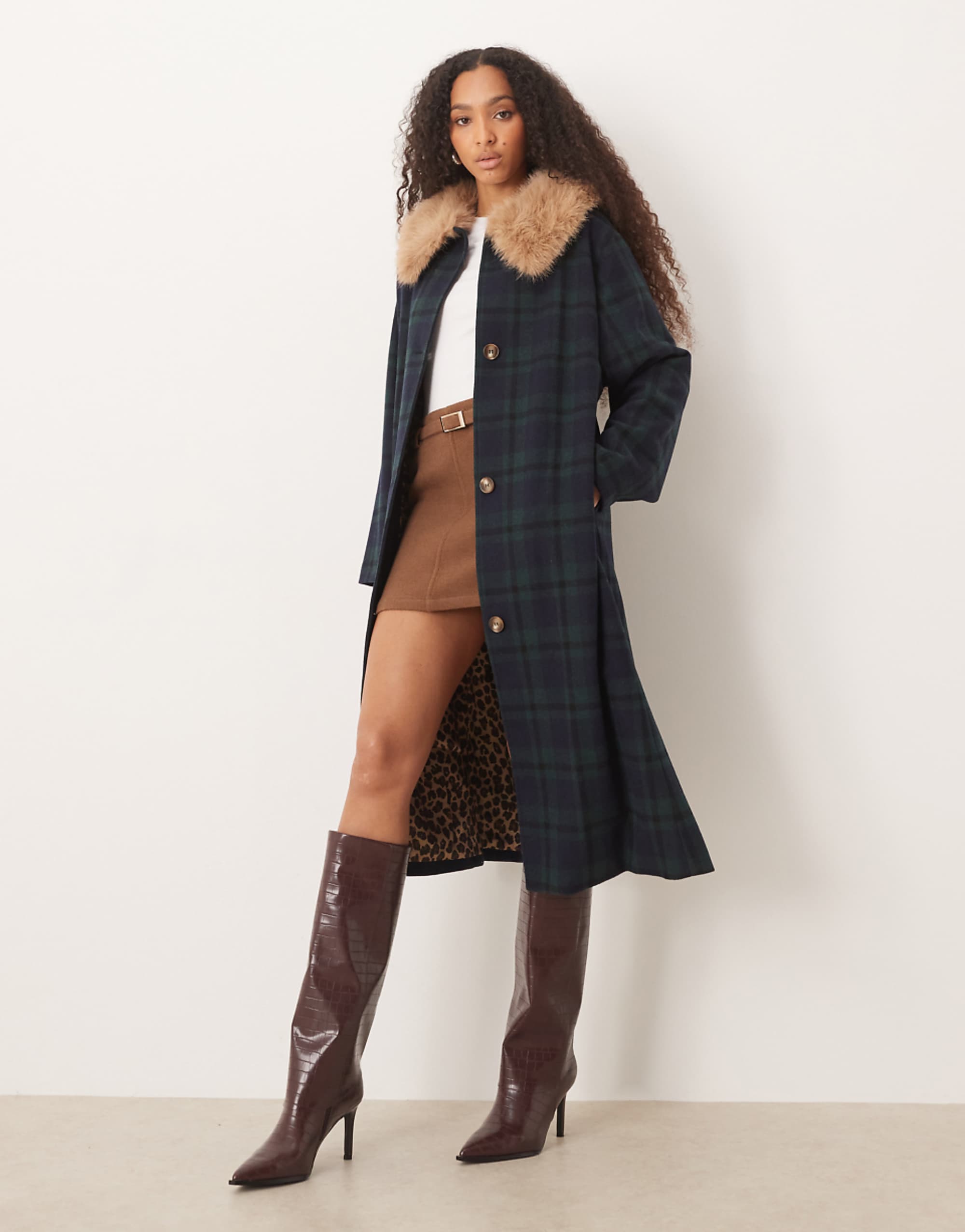 Never Fully Dressed Faux Fur Longline Coat in Blue and Green Plaid