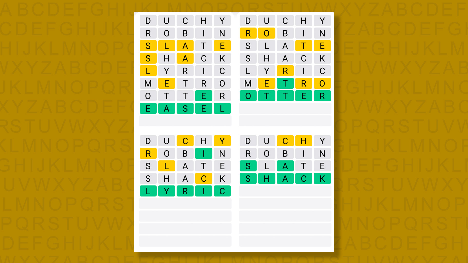 Quordle answers for game #1619 on a yellow background