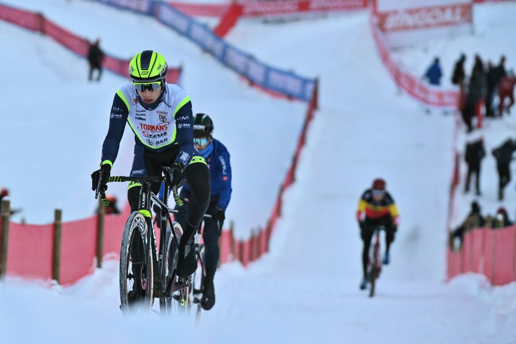 Belgian Quinten Hermans pictured in action during the track reconaissance ahead of the Cyclocross World Cup race in Val di Sole Italy Saturday 11 December 2021 stage ten out of 16 in the World Cup of the 20212022 season BELGA PHOTO DAVID STOCKMAN Photo by DAVID STOCKMANBELGA MAGAFP via Getty Images