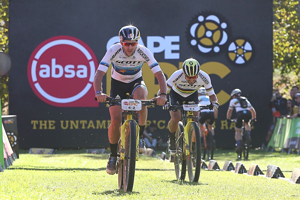 Lars Forster and Nino Schurter of Scott-SRAM MTB-Racing sprint for the line during stage 4 of the 2019 Absa Cape Epic