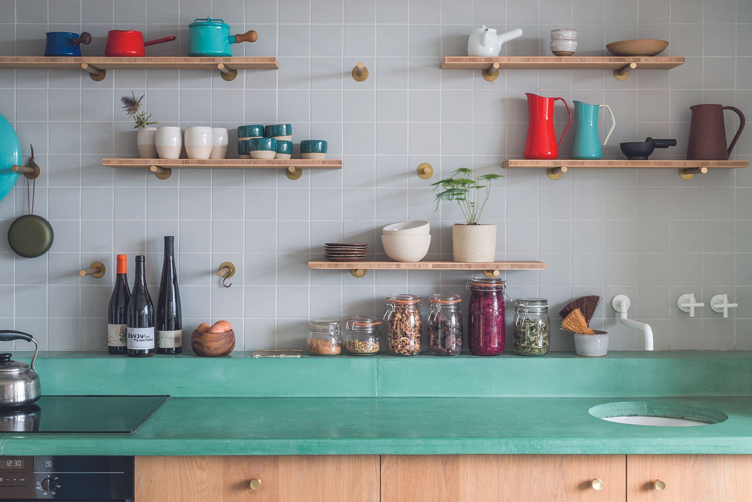 modern backsplash ideas green countertop with shelf