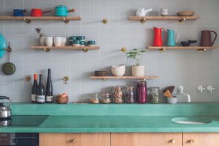 modern backsplash ideas green countertop with shelf