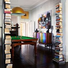 store room with pool table and books