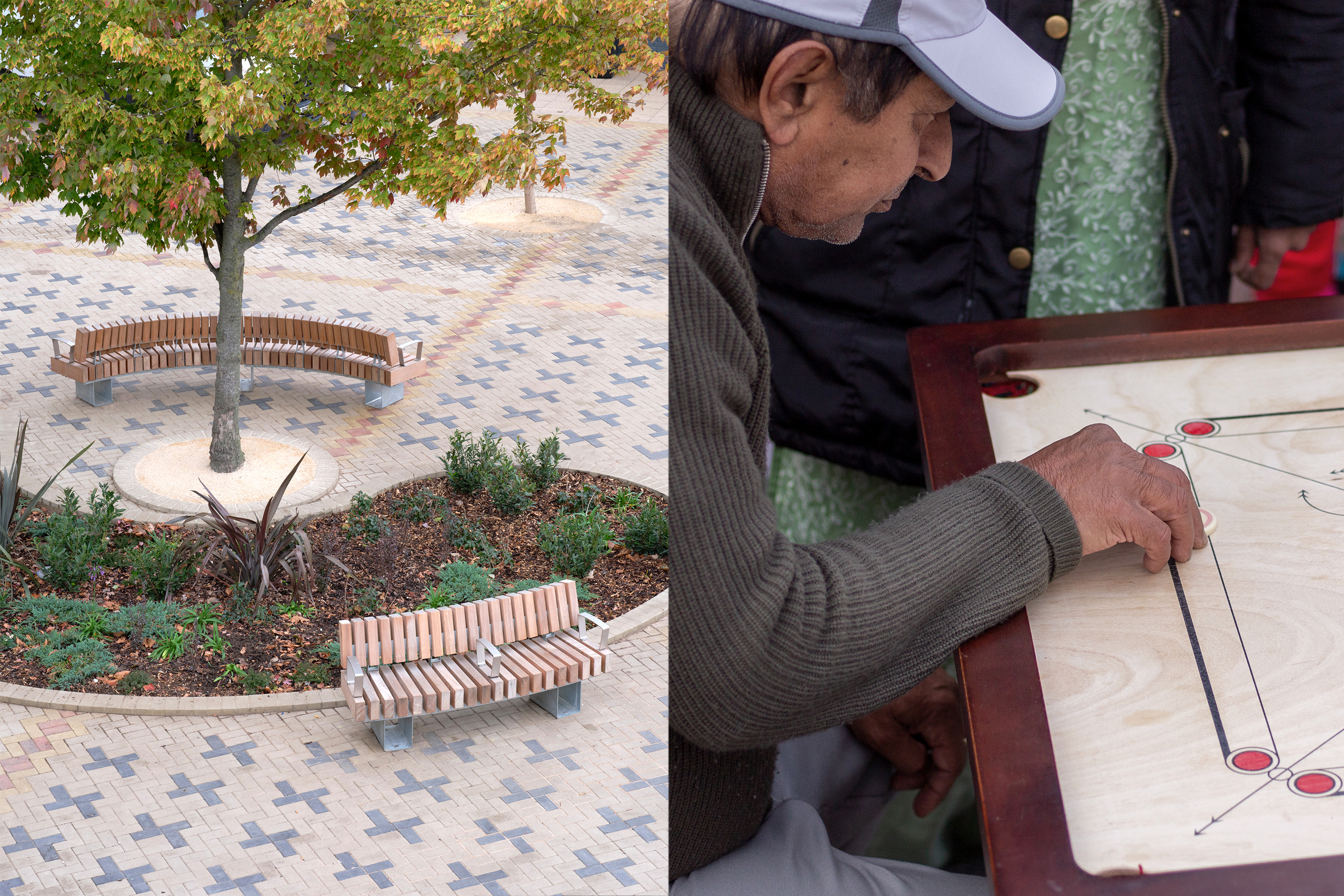 round bench and planter with tree (left) and man playing board game outdoors (right) at Newham's Queen's Square market
