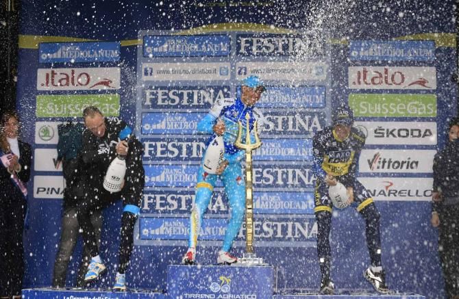 Celebrations on the podium for Vincenzo Nibali (Astana).