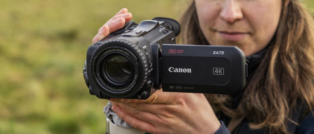 A side profile of the Canon XA75 camcorder