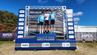 U23 men's podium at 2022 Pan-Am Cyclocross Championships: Andrew Strohmeyer in second, winner Jack Spranger, and Daxton Mock in third