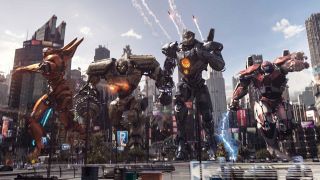 A group of Jaegers running towards the camera in Pacific Rim: Uprising.