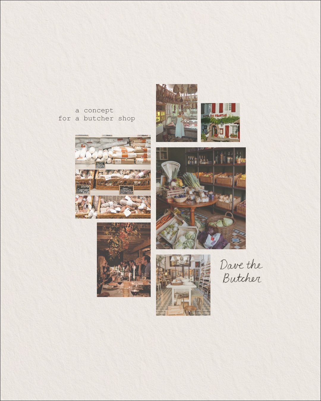 Preliminary notes and sketches for a butcher design, noted against pale yellow paper, with a gallery grid of images.