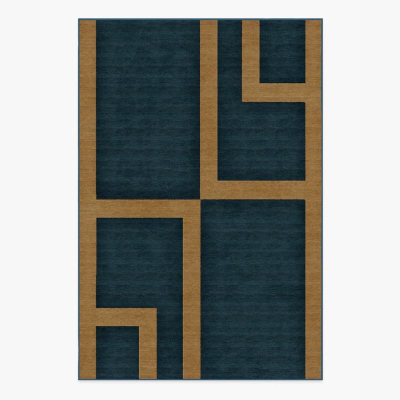 dark blue and caramel geometric rug