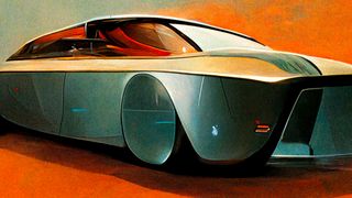 Apple Car; an AI painting of a Syd Mead style car