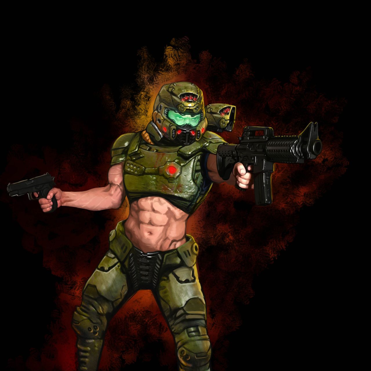 Doom fan art showing slayer armor with low-rise pants and visible midriff