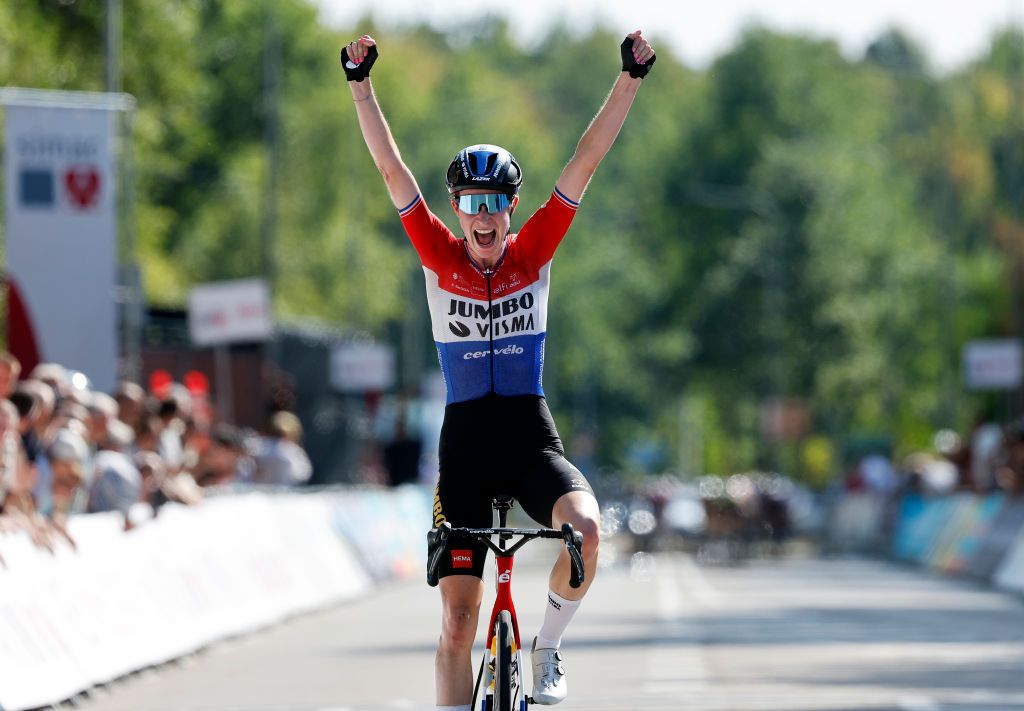 LANDGRAAF NETHERLANDS SEPTEMBER 02 Riejanne Markus of Netherlands and Jumbo Visma Team celebrates at finish line as stage winner during the 25th Simac Ladies Tour 2022 Stage 4 a 1352km stage from Landgraaf to Landgraaf SLT2022 UCIWWT on September 02 2022 in Landgraaf Netherlands Photo by Bas CzerwinskiGetty Images