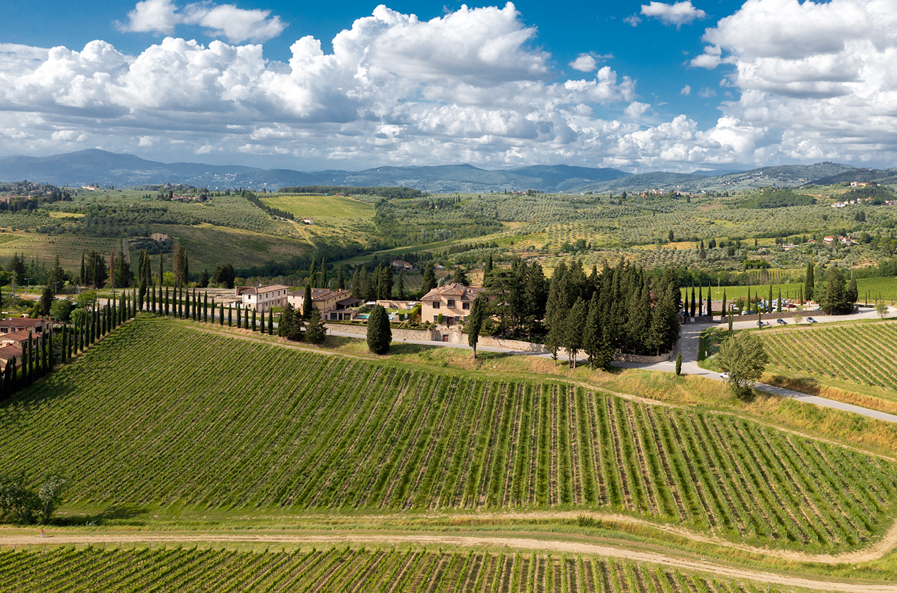 Birds eye view of vineyard with the Ruffino winery set behind it, under a blue but cloudy sky