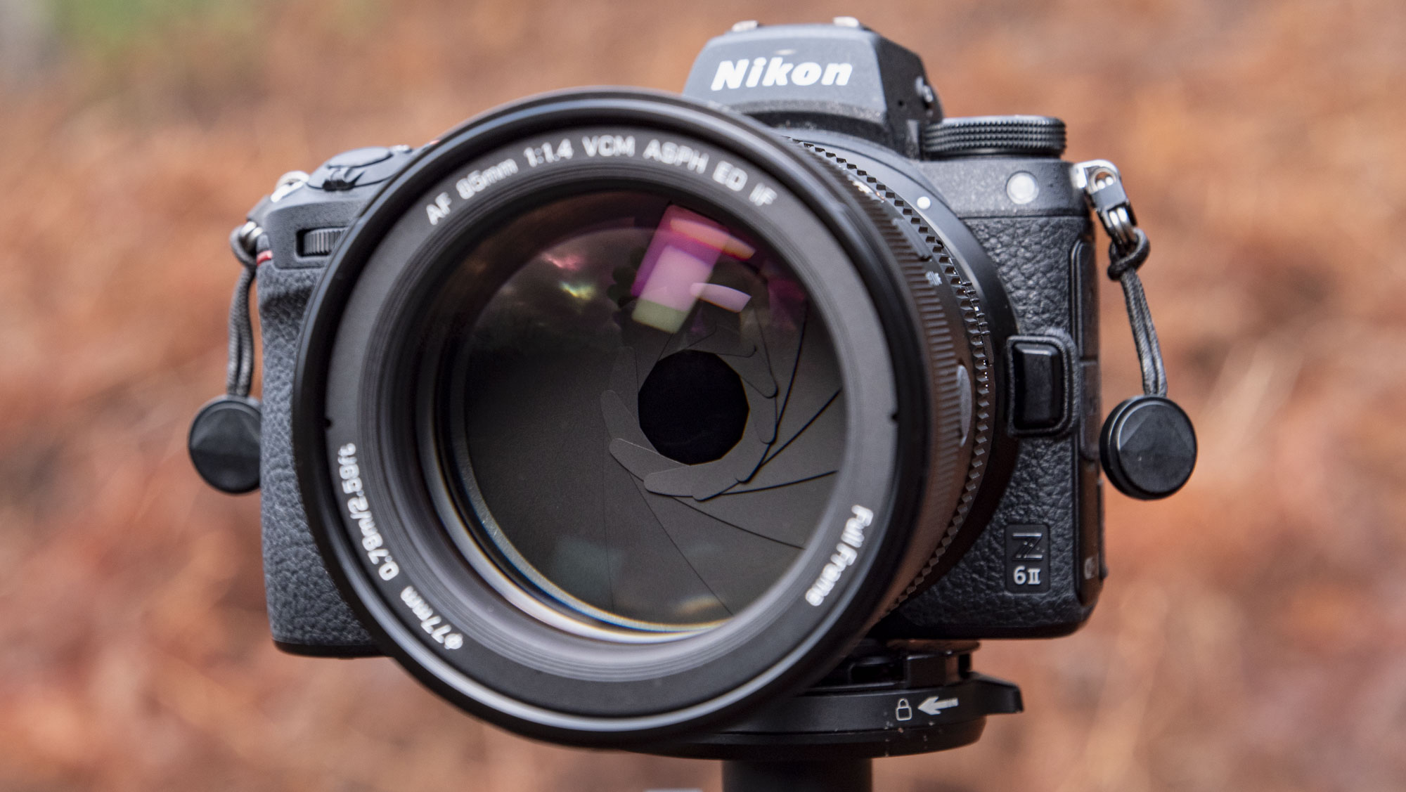 Close up of the Viltrox AF 85mm F1.4 Pro lens attached to a Nikon camera, mounted to a tripod outdoors and with bronze-colored ferns in the background, emphasis on the lens aperture blades