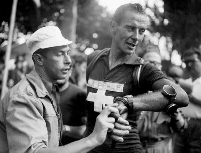 Swis Hugo Koblet catches his breath following his victory in the 11th stage of the Tour de France between Brive-la-Gaillarde and Agen, 15 July 1951. Koblet went on to win the Tour de France in Paris in front of Frenchmen Rapha&euml;l G&eacute;miniani and Lucien Lazarid&egrave;s.