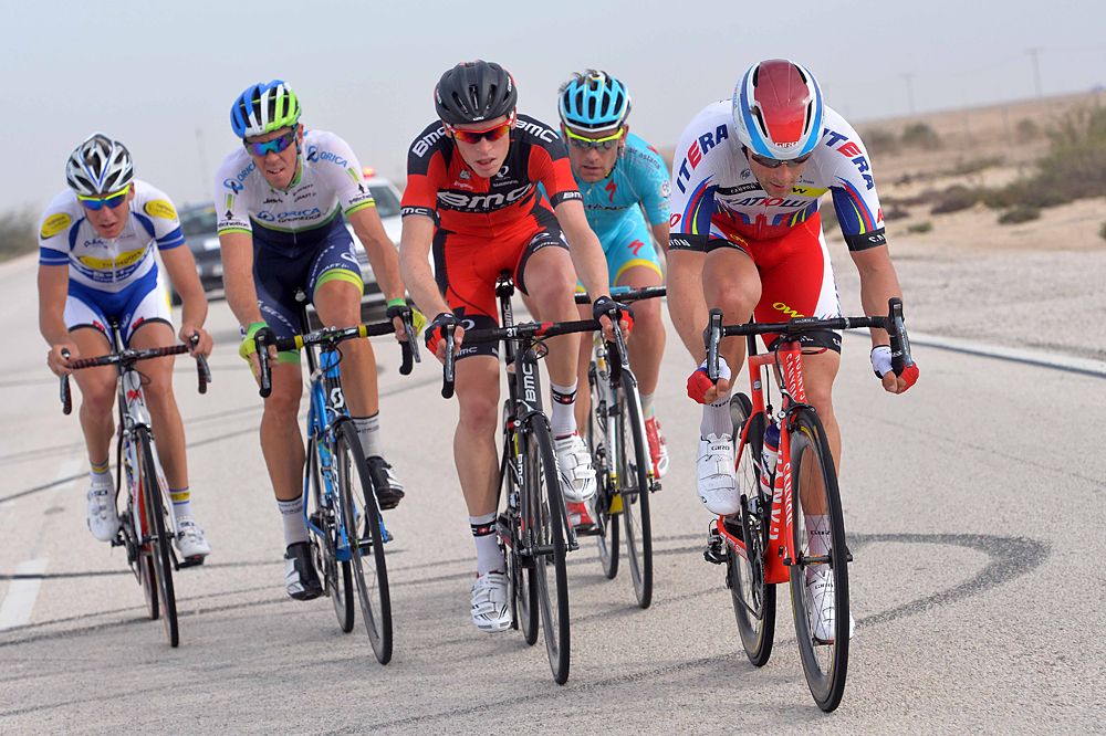 Marco Haller (Katusha) takes a turn on the front of the breakaway