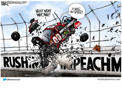 Political Cartoon U.S. Trump Senate impeachment speedy trial car crash racing