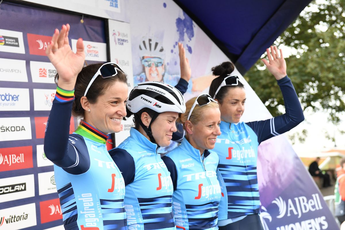 Picture by Simon Wilkinson/SWpix.com - 07/10/2021 - Cycling - AJ Bell Women's Tour of Britain - Stage Four: Shoeburyness to Clacton-on-Sea, England - Elizabeth Deignan, Audrey Cordon Ragot, Chloe Hosling and Trixi Worrack of team Trek Segafredo before the start of Stage four