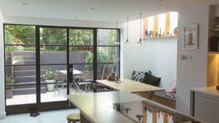 basement conversion kitchen with Crittall doors