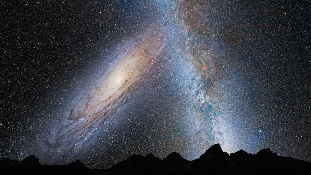 An illustration of a spiral galaxy approaching the band of the Milky Way in Earth&#039;s sky