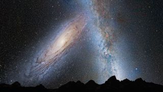 An illustration of a spiral galaxy approaching the band of the Milky Way in Earth's sky