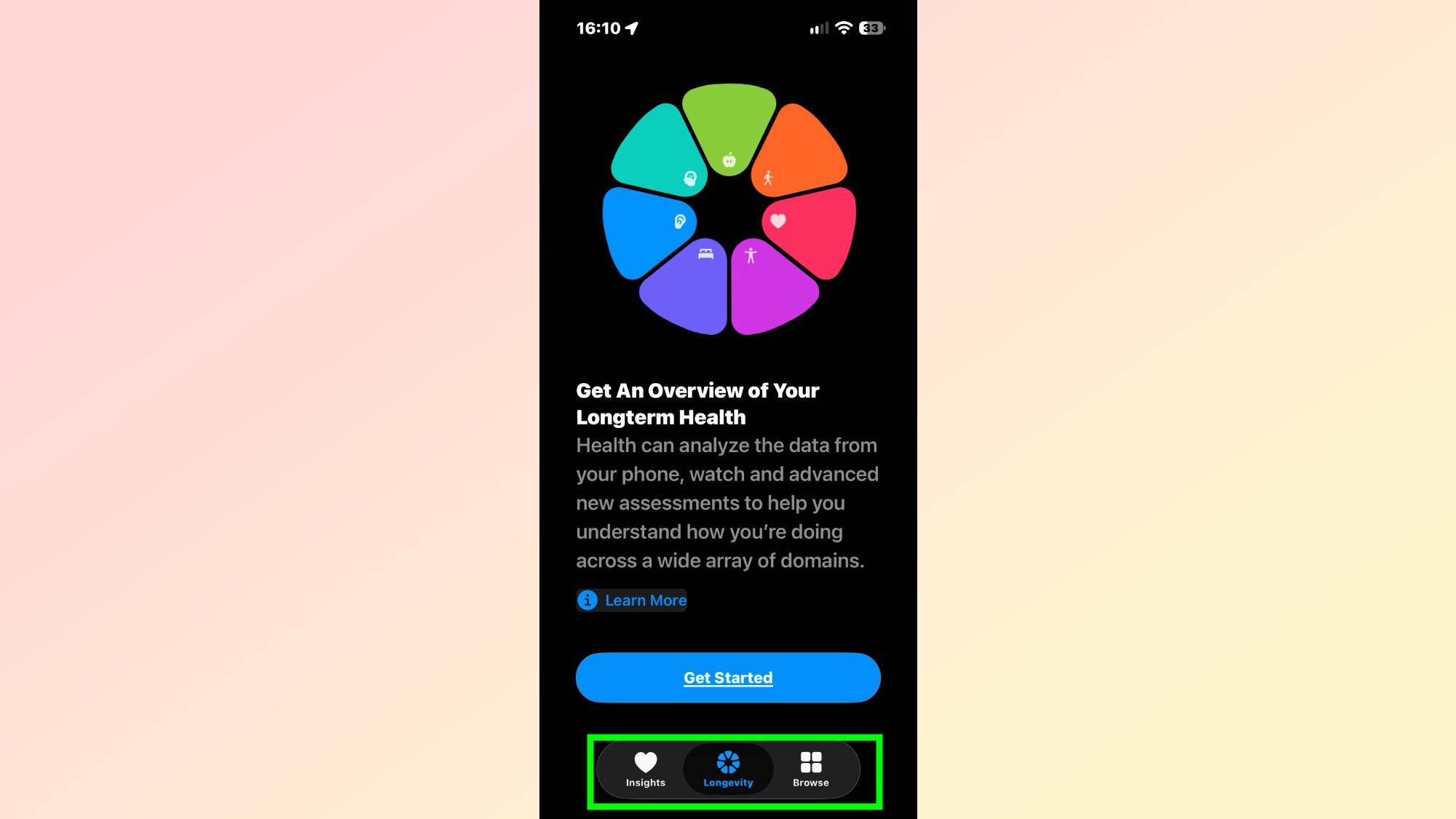 Insights, Longevity, and Browse highlighted in iOS 27.2 beta Health app on iPhone