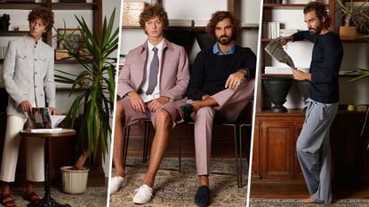 Face, Leg, Trousers, Shirt, Dress shirt, Flowerpot, Sitting, Houseplant, Suit trousers, Interior design, 