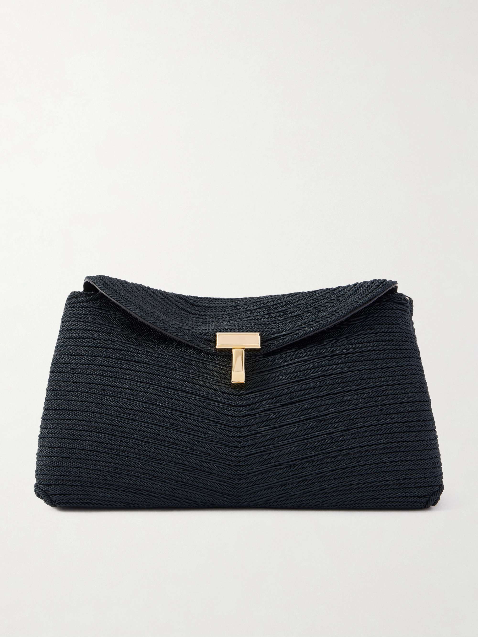 Mini T-Lock Leather-Trimmed Woven Clutch